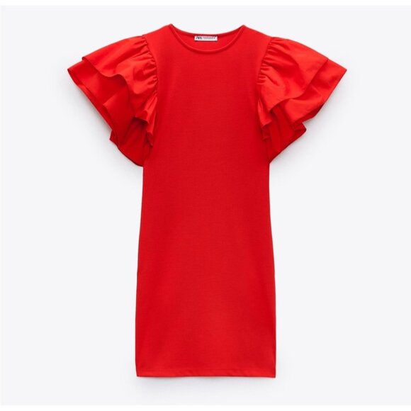 Zara Red Ruffle Sleeve Bodycon Mini Dress Size S - Picture 4 of 13